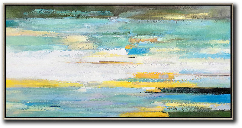 Handmade Large Painting,Horizontal Palette Knife Contemporary Art,Large Abstract Art Handmade Acrylic Painting,White,Yellow,Blue,Light Green,Black.Etc